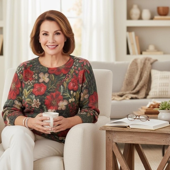 Source Unknown Sweaters - Floral Sweater Womens XL Green‎ Red Allover Print Pullover Crewneck Long Sleeve